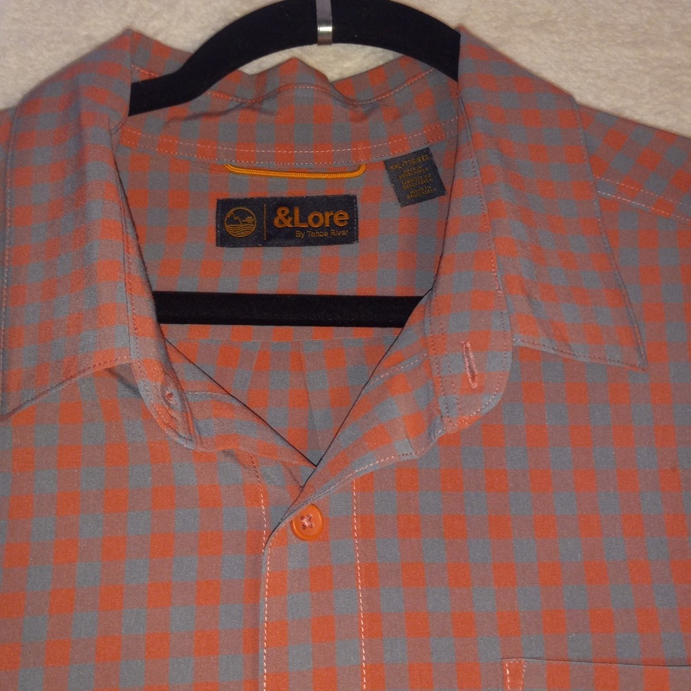 &Lore By Tahoe River Mens 2XL Gray Orange Check Fishing Western Shirt LS 4-Way